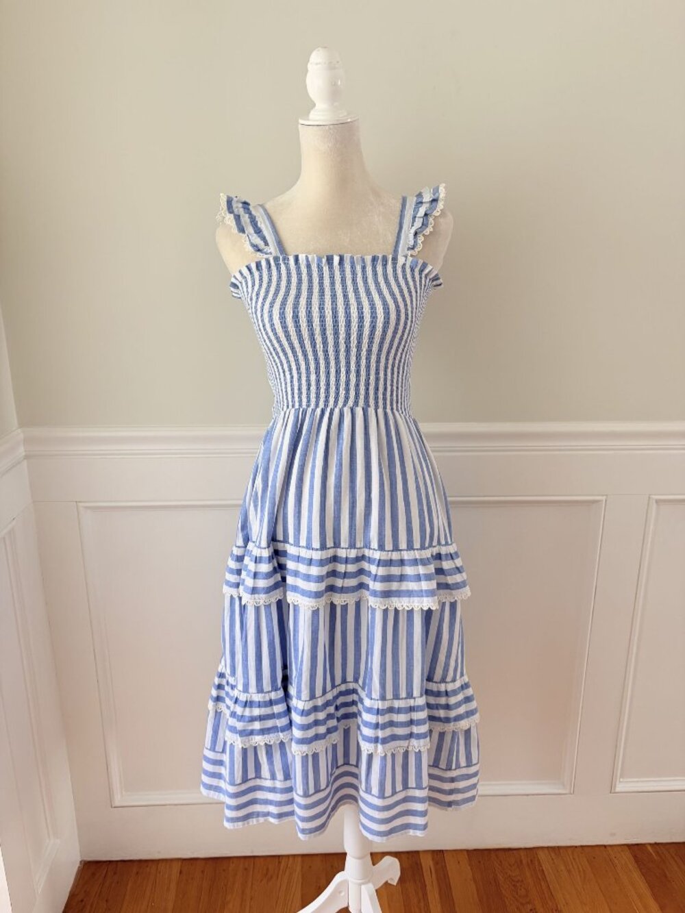 Alicia Bell Blue & White Striped Smocked Midi Dress With Tiered Skirt XS